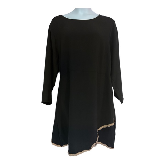 ❣️C’est Nous Tan Trim Black Crepe Office Career Casual Church Dinner Party Dress - Picture 2 of 12